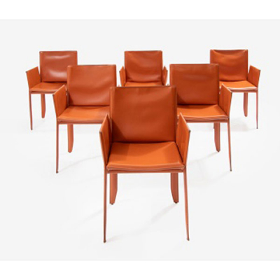 Conjunto de 6 sillas en piel color naranja. Cattelan. Italia.   Época: Años 80 