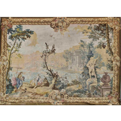 Monumental Tapiz Verdure Francés Luis XVI del siglo XVIII representando escena Galante bajo un Capricho.