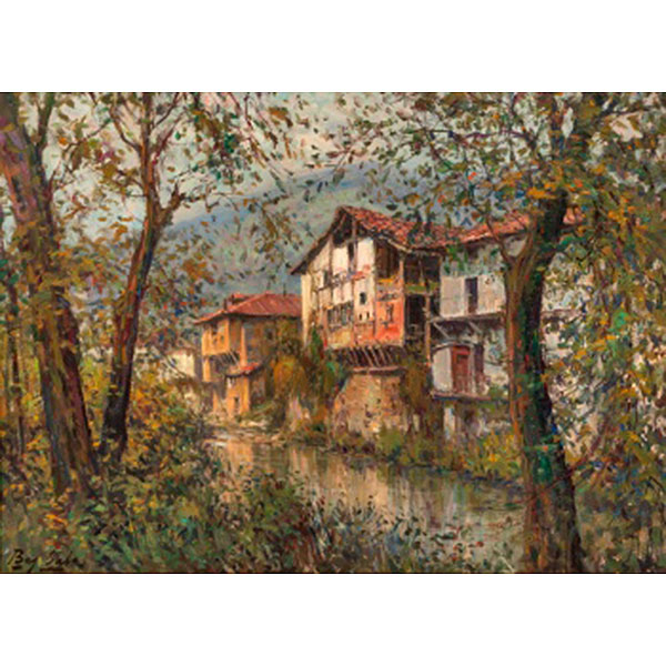JUAN BAYÓN SALADO &quot;BAY-SALA&quot;   (Logroño 1913 - Bilbao 1995)  &quot;Casa junto al río. Orozco&quot;   