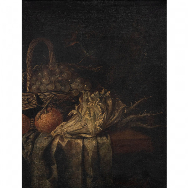 "Bodegón de cesta de uvas, cardo y naranjas" ESCUELA FLAMENCA DEL SIGLO XVII 
