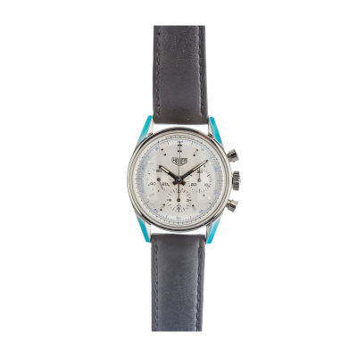 Reloj Heuer «Carrera» de pulsera unisex. En acero y correa de piel, c.1990 (Reedición de 1965).  