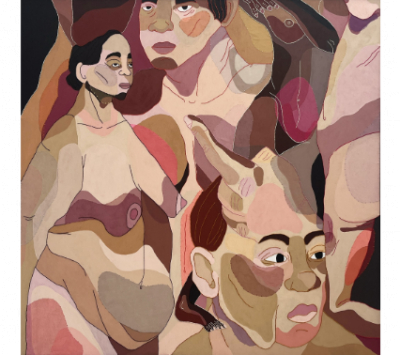 ELA FIDALGO (Palma de Mallorca, 1993)  De Ente et Essentia XII, 2022   Acr&iacute;lico, lana y algod&oacute;n bordado y patchwork sobre lienzo. 