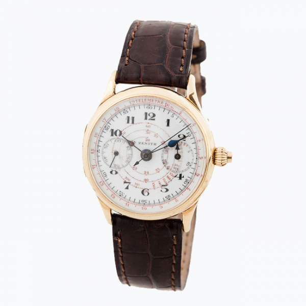 Reloj cron&oacute;grafo monopulsador, cab., antiguo, suizo ZENITH, en caja original de oro amarillo 18 K, 38 mm, n&ordm; 521767.