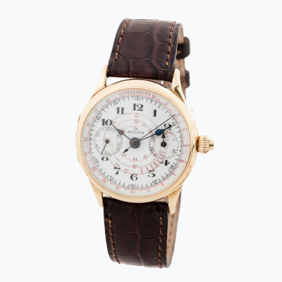 Reloj cron&oacute;grafo monopulsador, cab., antiguo, suizo ZENITH, en caja original de oro amarillo 18 K, 38 mm, n&ordm; 521767.