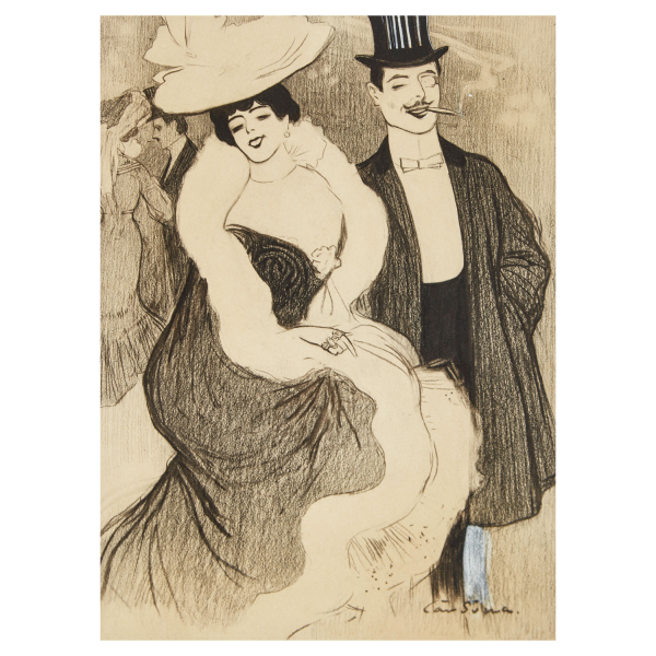 Joan Cardona Llad&oacute;s (Barcelona, 1877-1934) Pareja parisina. Dibujo a carboncillo sobre papel. Firmado.