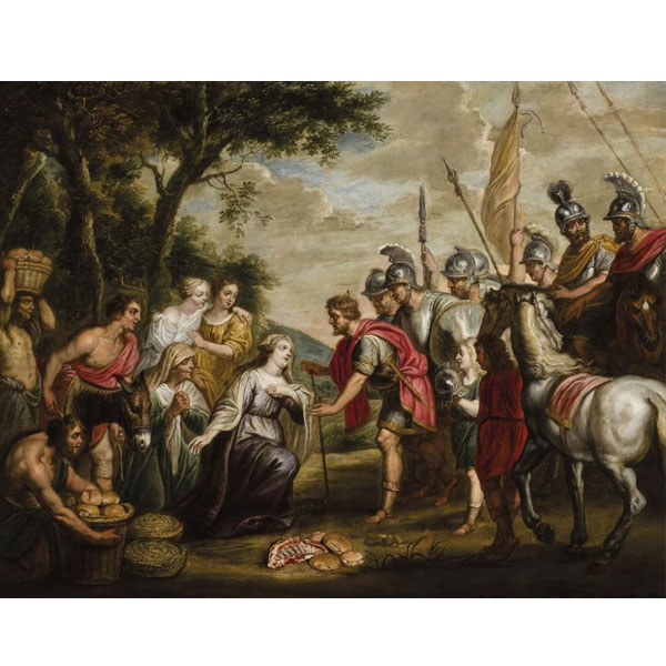 Escuela Flamenca S. XVII. "Abigail aplacando al Rey David y Sabinas aplacando a los sabinos". Dos óleos sobre cobre. 