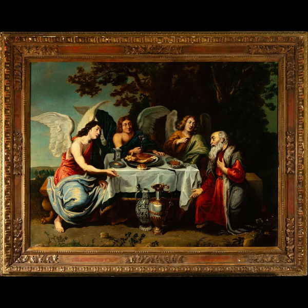 El Banquete de Abraham, escuela flamenca del siglo XVII.    Óleo sobre cobre.