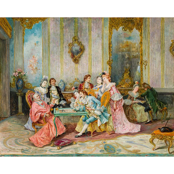 JOAQUIN  PALLARES ALLUSTANTE (1853 - 1935) "Partida de ajedrez". Óleo sobre tabla.