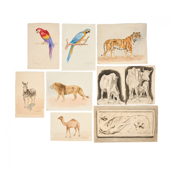 Luis Moragas Pomar (Barcelona fles. del s.XIX-XX) Bocetos. Lote de doce dibujos en acuarela y carboncillo sobre papel.
