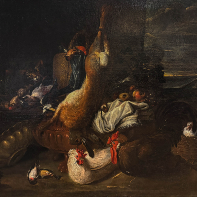 "Naturaleza muerta de liebre, gato, gallos ..."  Escuela Flamenca del siglo XIX.  T&eacute;cnica: &Oacute;leo/lienzo