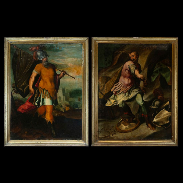 Escuela Manierista Italiana del siglo XVII - Pareja de retratos de Leví y Gad (hijos de Jacob).   Óleo sobre lienzo.