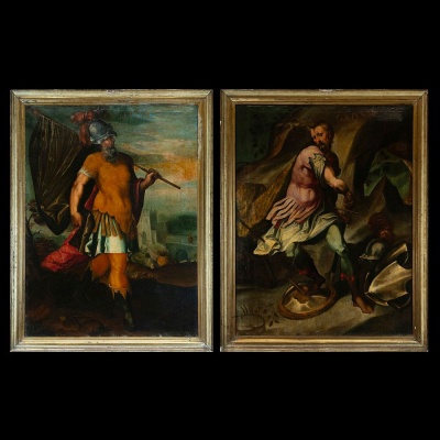 Escuela Manierista Italiana del siglo XVII - Pareja de retratos de Leví y Gad (hijos de Jacob).   Óleo sobre lienzo.
