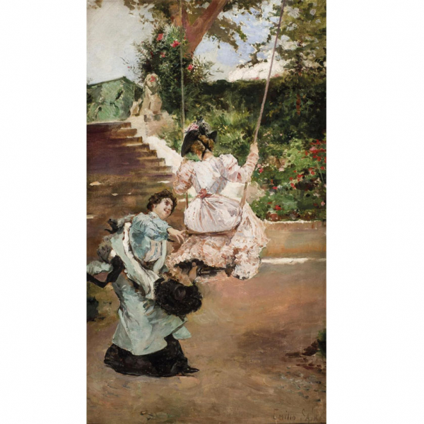 Emilio Sala Francés.   &quot;En el columpio&quot;. Óleo sobre lienzo. 