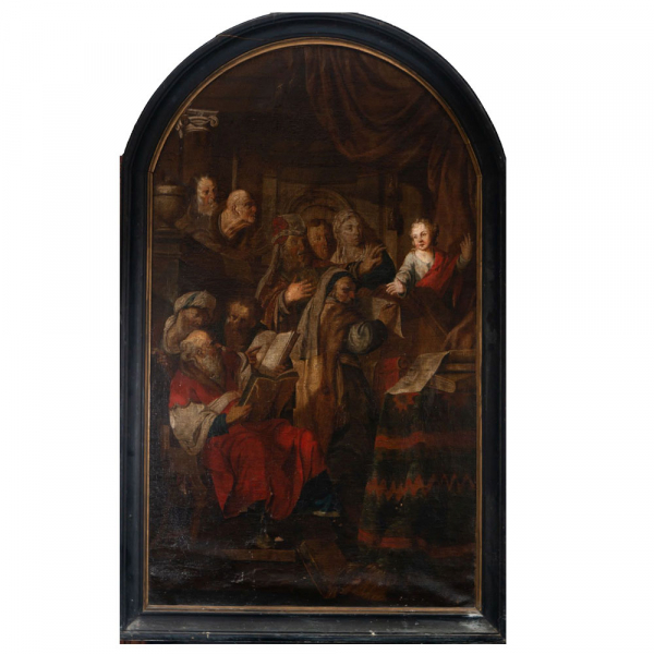 "Jesús predicando a los Rabinos en el Templo" Escuela Flamenca del siglo XVII.   Óleo sobre lienzo