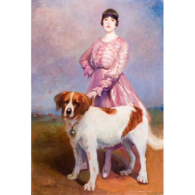 Jose María López Mezquita  (1883 - 1954).   &quot;Dama con gran perro&quot;. Óleo sobre lienzo. 