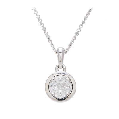 Colgante en oro blanco con diamante central talla princesa orlado por cuatro diamantes talla oval.