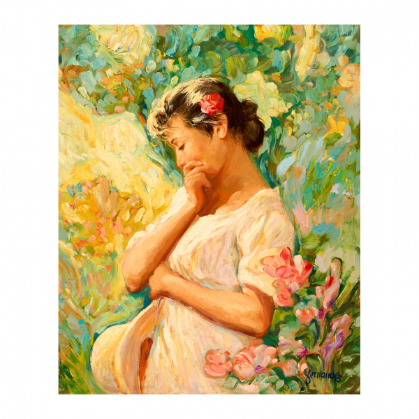 Fernando Fernández (Barcelona, 1940-2010) En el jardín. Óleo sobre tabla. Firmado. Titulado y firmado al dorso.