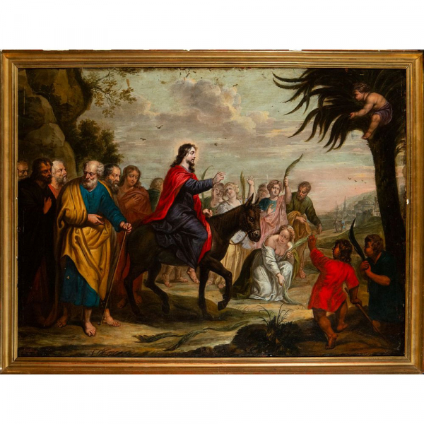 RUBENS Y TALLER (Siegen, 1577-Amberes, 1640) "Entrada Triunfal de Jes&uacute;s en Jerusal&eacute;n".    &Oacute;leo sobre plancha de cobre.