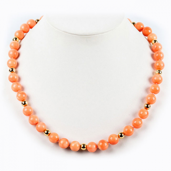 Collar vintage de cuentas de coral rosa, 10,7 mm, con gran cierre marinero y bolitas separadoras en oro amarillo