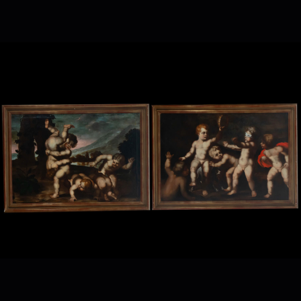 Pareja de óleos sobre Lienzo - Escuela Romana del siglo XVII - Los Cinco Amores y el Juego de la Gallinita Ciega.