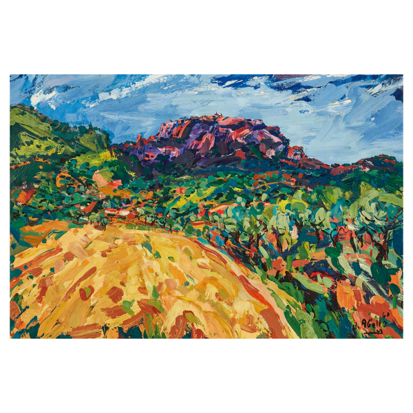 Joan Abell&oacute; Prat (Mollet del Vall&egrave;s, Barcelona, 1922-Barcelona, 2008) Pla del Bon Aire, Matadepera. &Oacute;leo sobre cart&oacute;n.