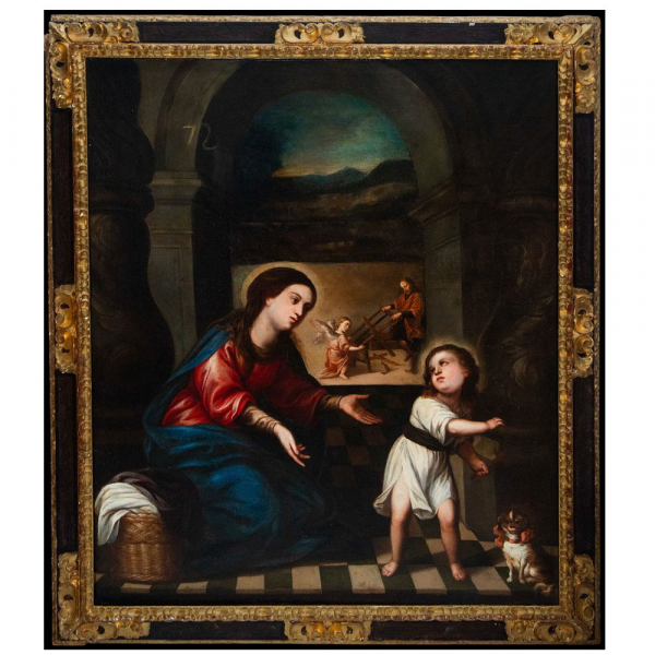 "La Virgen con el Ni&ntilde;o y San Jos&eacute; en el taller". Escuela Barroca Novohispana del siglo XVIII.    &Oacute;leo sobre lienzo