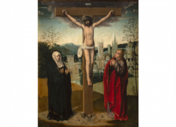 ESCUELA FLAMENCA, PRIMERA MITAD SIGLO XVI.  Cristo crucificado con la Virgen María y San Juan Bautista sobre un paisaje.   Óleo sobre tabla. 