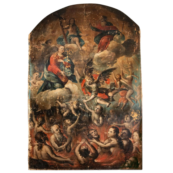 Atribuido a GREGORIO VASQUEZ DE CEBALLOS (1638–1711) Escuela Colonial Virreinal de la Nueva Granada (Colombia) S. XVII "Juicio Final con Arcángel San Miguel". 