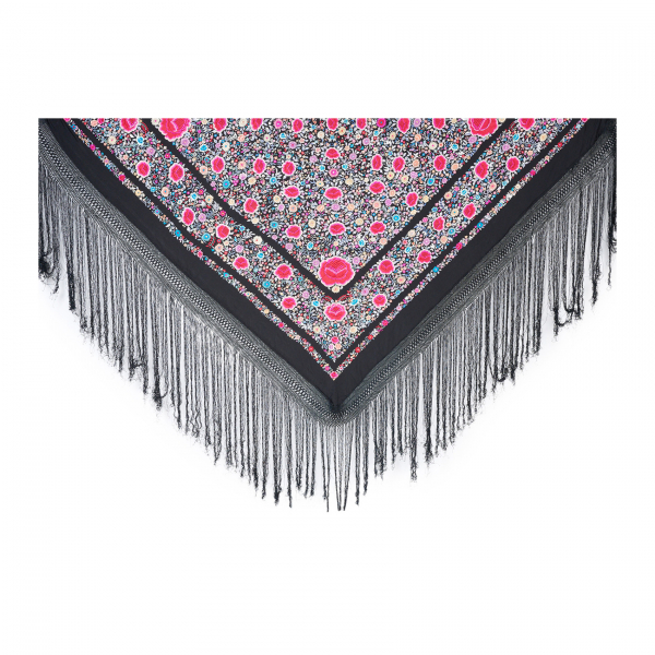 Mantón de Manila en seda negra bordada a mano con decoraciones de motivos florales en varias tonalidades, s.XX.