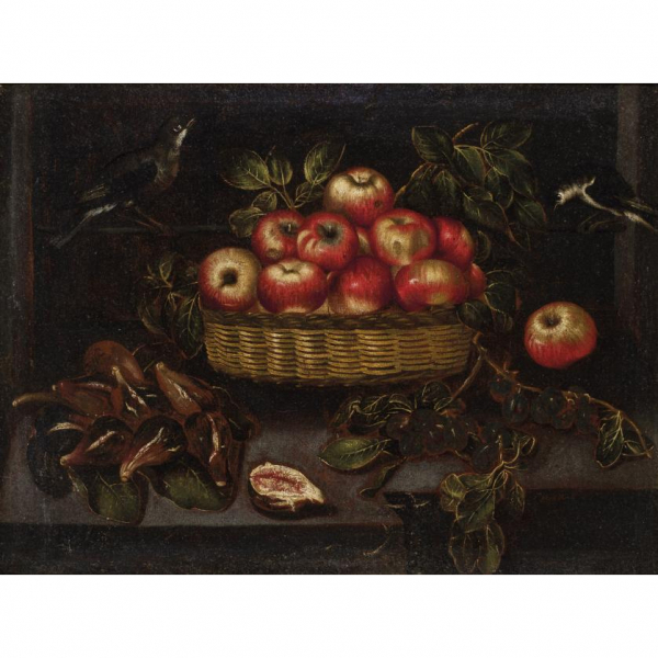Escuela Mallorquina S. XVII.   "Bodegón con higos, ciruelas y manzanas". Óleo sobre lienzo.