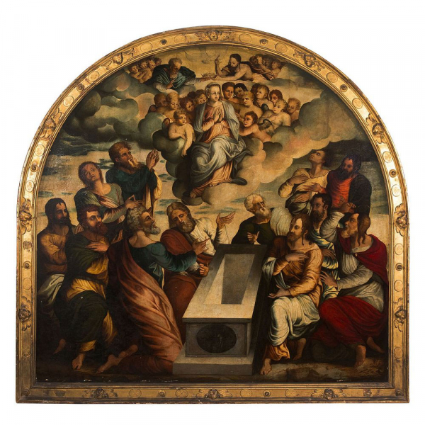 "La Ascensi&oacute;n de Mar&iacute;a" Escuela Manierista Espa&ntilde;ola del siglo XVI.   Excepcional &oacute;leo sobre tabla en media luna. 