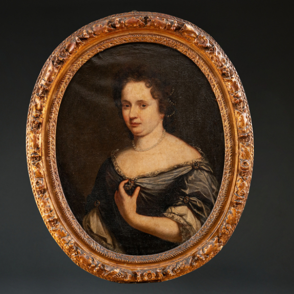 "Retrato de Dama con collar de perlas y camafeo"  Escuela Francesa, Siglo XVIII 