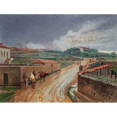 JUAN DE BARROETA Y ANGUISOLEA   (Bilbao 1835 - 1906)  &quot;Paisaje rural con personajes descansando y animales&quot;  Firmado
