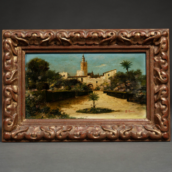 "Vista de la Giralda de Sevilla desde los jardines del Alcázar" Escuela Española del siglo XIX 