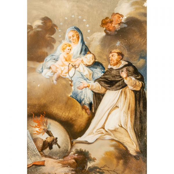 Francisco Bayeu Subías (Zaragoza, 1734- Madrid, 1795)  Santo Domingo recibiendo el rosario de la Virgen.  Óleo sobre cristal.