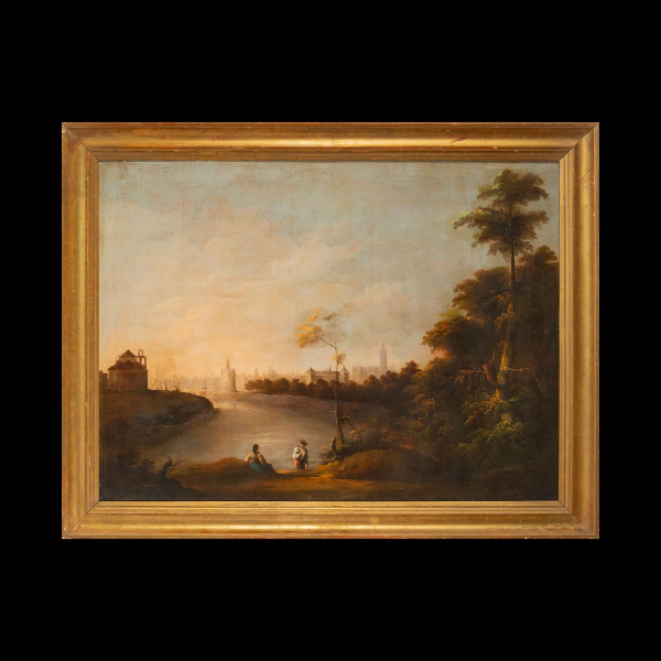 Importante Vista de Sevilla con la Torre del Oro de fondo del siglo XIX - Atribuído a Manuel Barrón y Carrillo (Sevilla, 1814 – Sevilla, 1884).