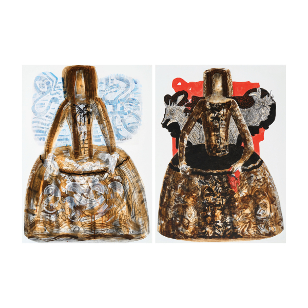 Josep Puigmart&iacute; i Valls Menina. Menina y drag&oacute;n 2. Pareja de &oacute;leos sobre tela.