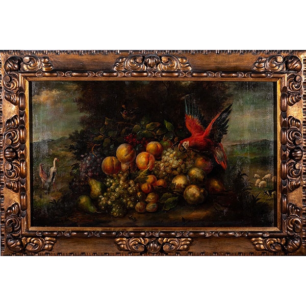 Escuela española, S.XVIII "Bodegón con frutas y loro"