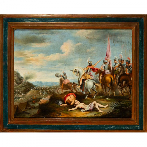 Escena de batalla cl&aacute;sica. Escuela barroca europea. Siglo XVII.   &Oacute;leo sobre lienzo.