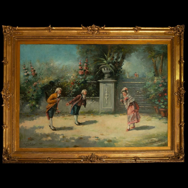 La Proposición - Importante y Grande Óleo sobre lienzo firmado Muñoz Rubio ángulo inferior izquierdo, escuela Romántica española del siglo XIX.