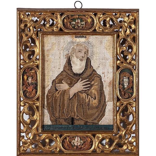 Relicario con marco dorado y bordado "San Francisco de Paula" S.XVII