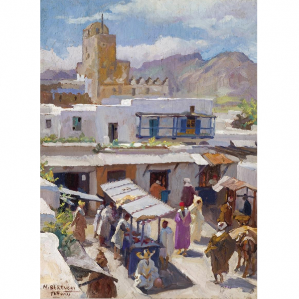 Mariano Bertuchi Nieto.   &quot;Zoco de Tetuán&quot;. Óleo sobre tabla.