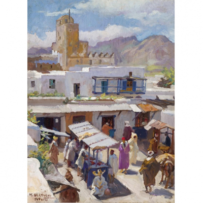 Mariano Bertuchi Nieto.   &quot;Zoco de Tetuán&quot;. Óleo sobre tabla.
