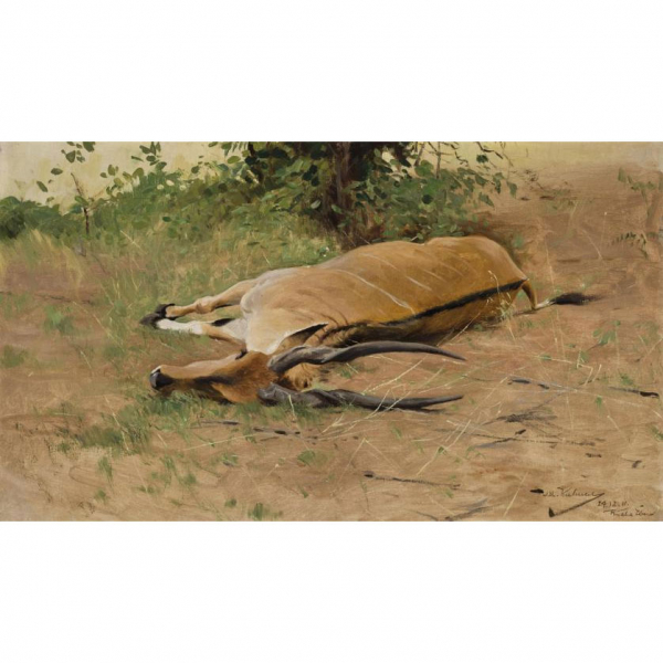 Wilhelm Kuhnert (1865 - 1926).   "La presa". Óleo sobre lienzo adherido a tabla. Firmado