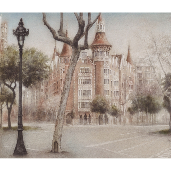 Francesc Congost Tor (Barcelona, 1959)  La Casa de les Punxes.  Pastel y l&aacute;piz sobre papel. Firmado.