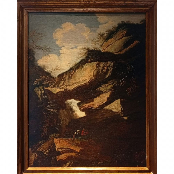 SALVATOR ROSA (Arenella, cerca de N&aacute;poles, 1615 &ndash; Roma, 1673) "Paisaje rocoso con dos figuras".   &Oacute;leo sobre lienzo.