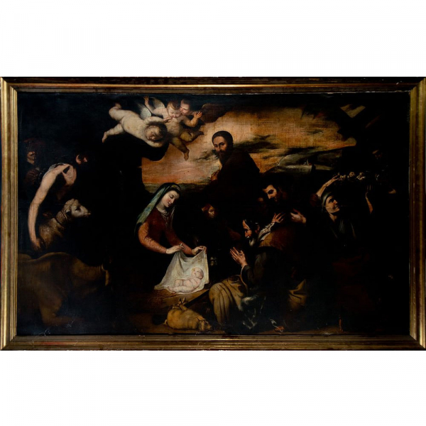 Importante "Adoración de Pastores", versión del Taller de José de Ribera, Escuela Napolitana del siglo XVII.   Óleo sobre lienzo.