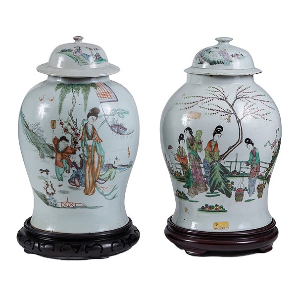 Pareja de tibores con tapa chinos de porcelana