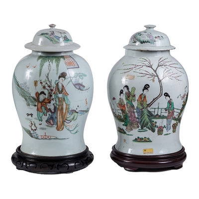 Pareja de tibores con tapa chinos de porcelana