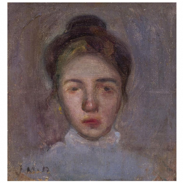 Joaquín Mir Trinxet.  "Rostro de joven C. 1900". Óleo sobre lienzo. Firmado en el ángulo inferior izquierdo.